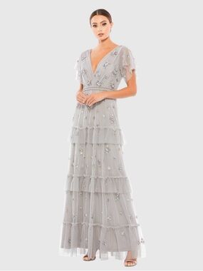Mac Duggal 9068 Gray Ruffle Tiered Embellished Flutter Sleeve Gown Size 4 NWT
